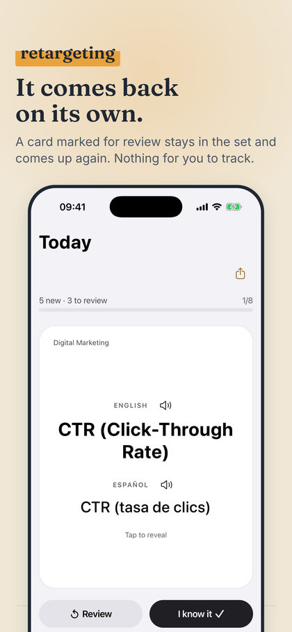Screenshot 4: the Today screen with a card due for review