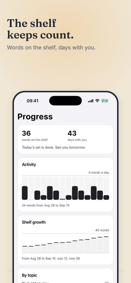 Screenshot 5: the Progress screen with the shelf and the days