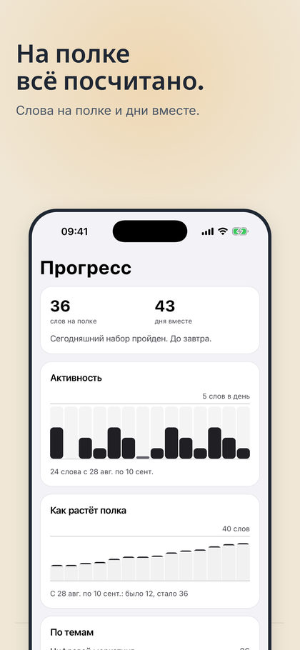 Кадр 6: экран «Прогресс» с полкой и днями