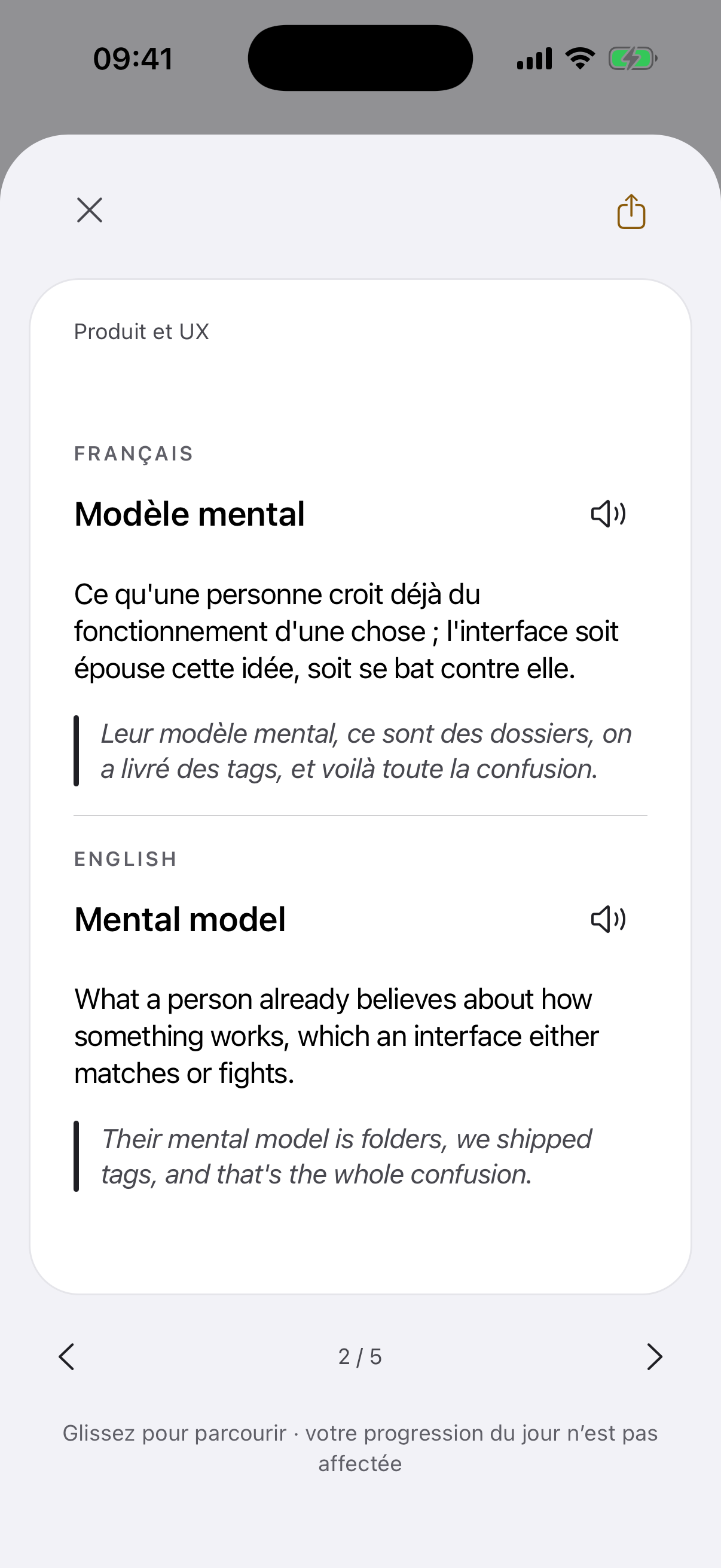 L’écran de l’appli avec le verso de la carte « Modèle mental » ouvert