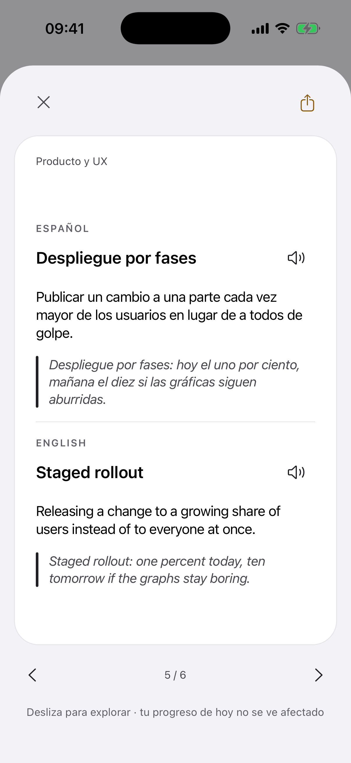 La pantalla de la app con el reverso de la tarjeta «Despliegue por fases» abierto