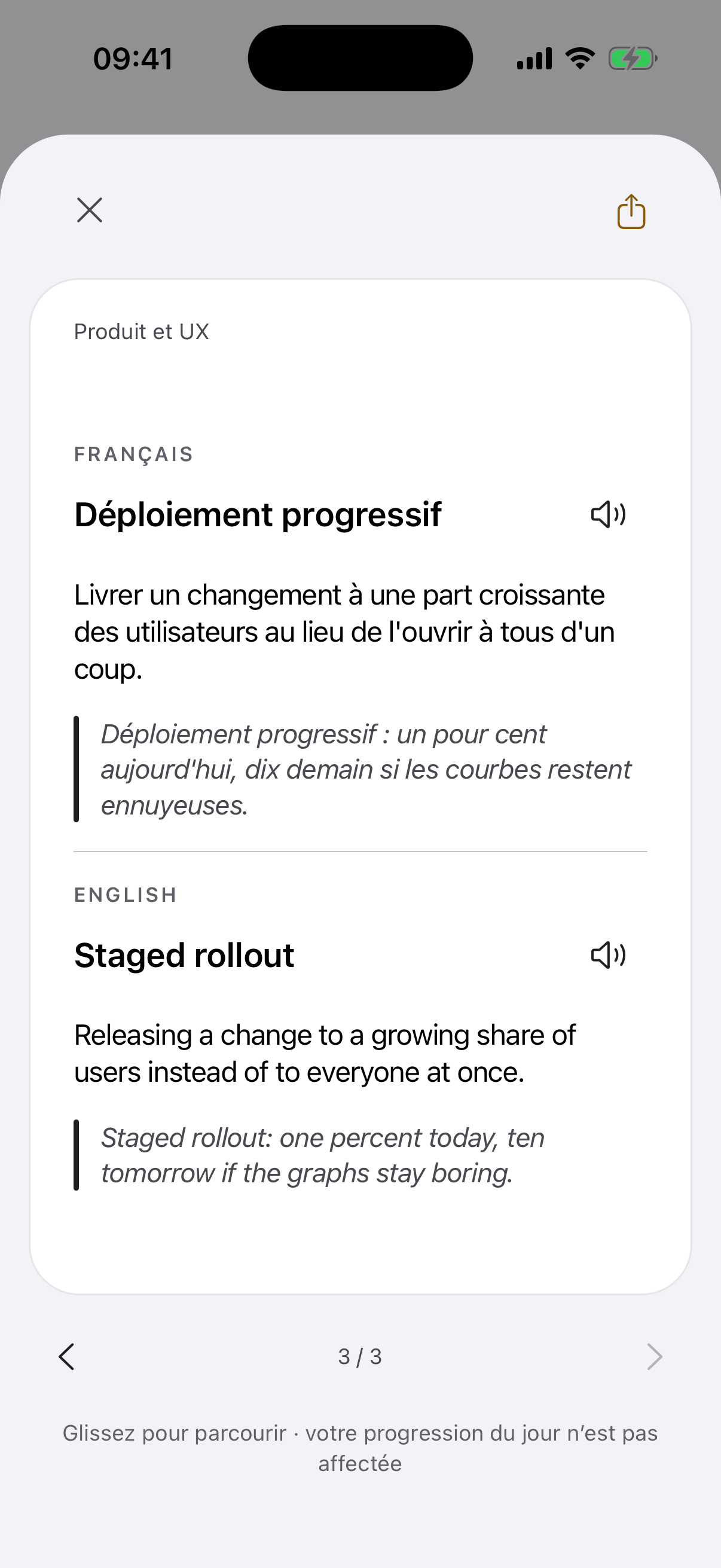 L’écran de l’appli avec le verso de la carte « Déploiement progressif » ouvert