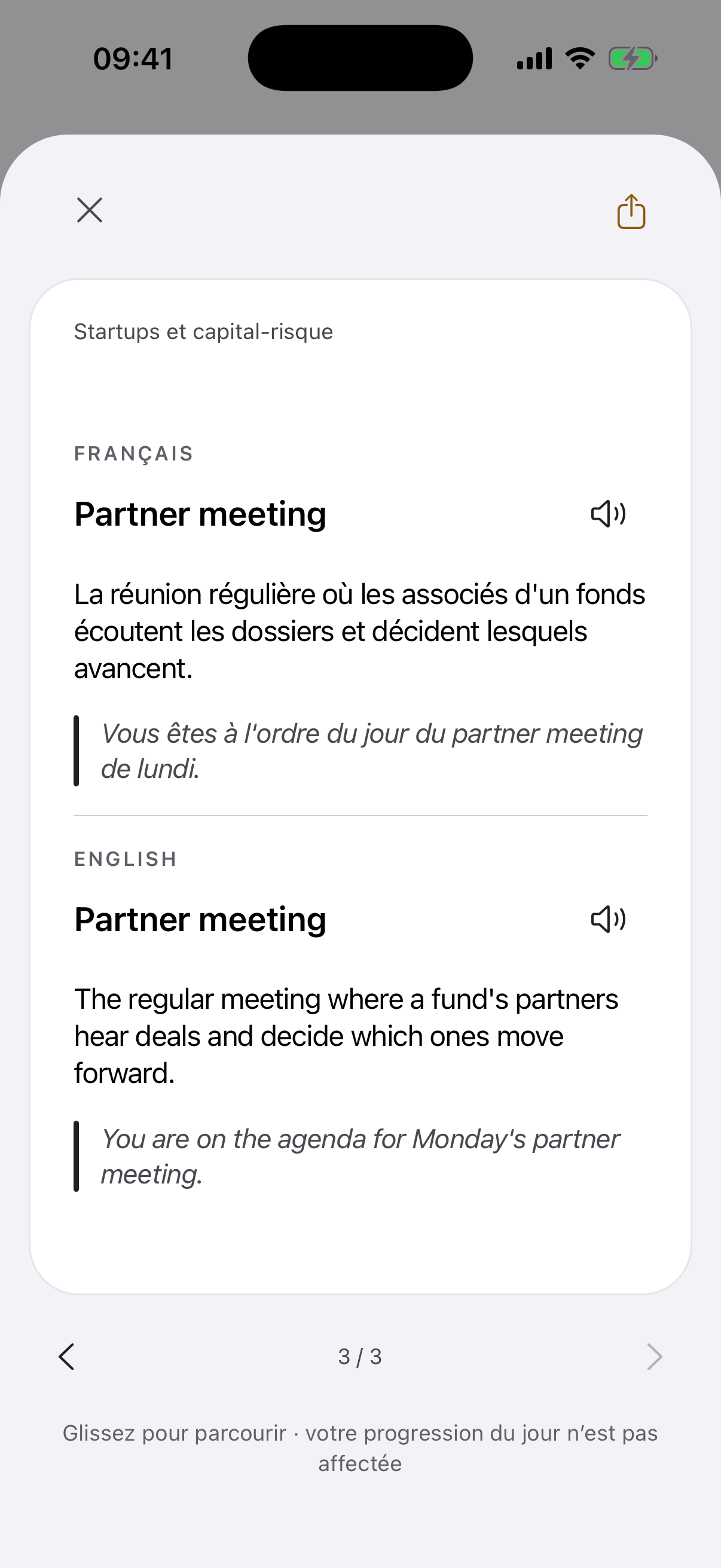 L’écran de l’appli avec le verso de la carte « Partner meeting » ouvert