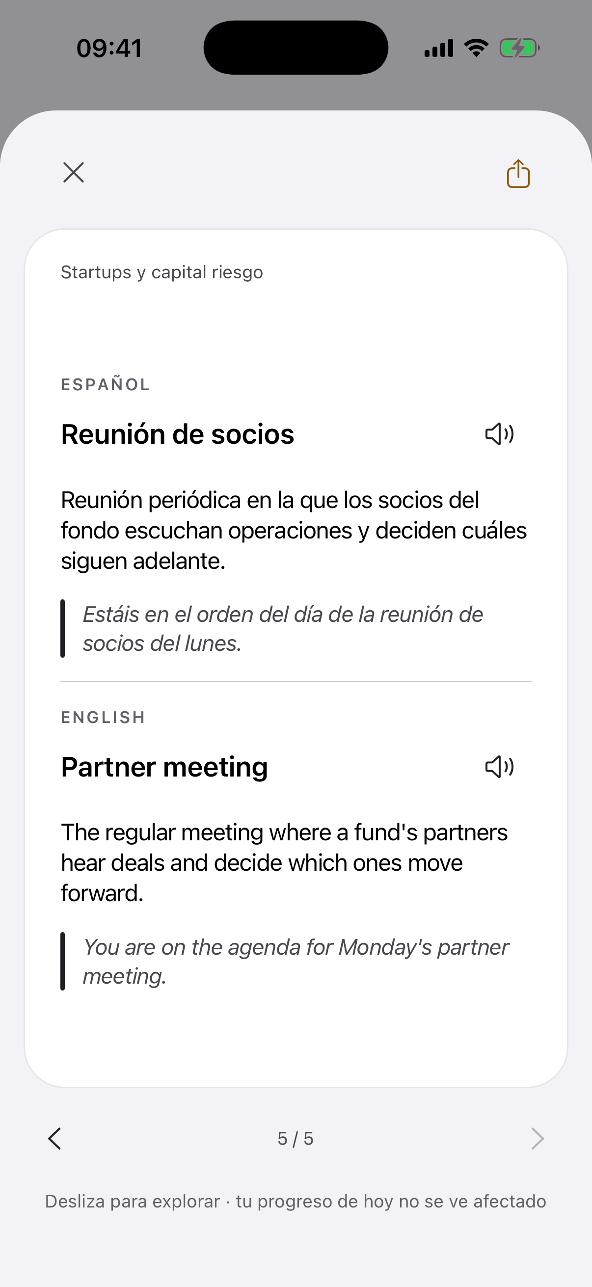 La pantalla de la app con el reverso de la tarjeta «Reunión de socios» abierto