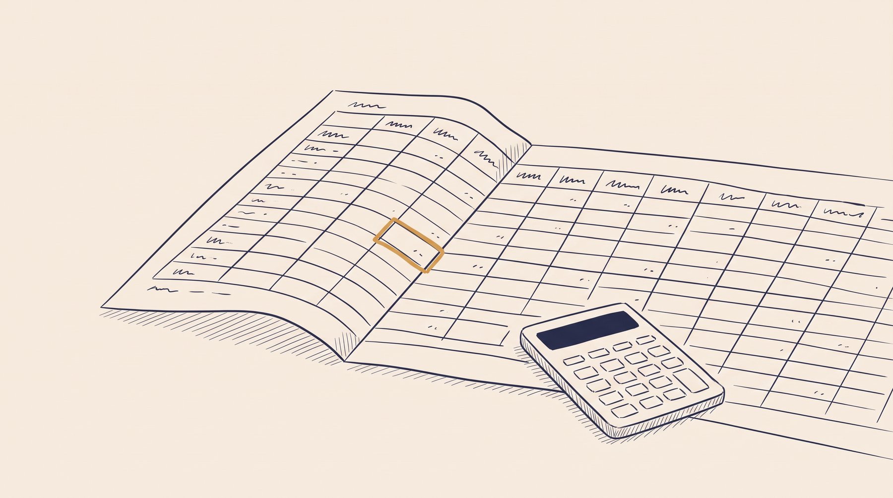 An ink-outline spreadsheet printed and folded on a desk, a column of months running
off the right edge; one cell near the fold is boxed in ochre, a calculator beside it