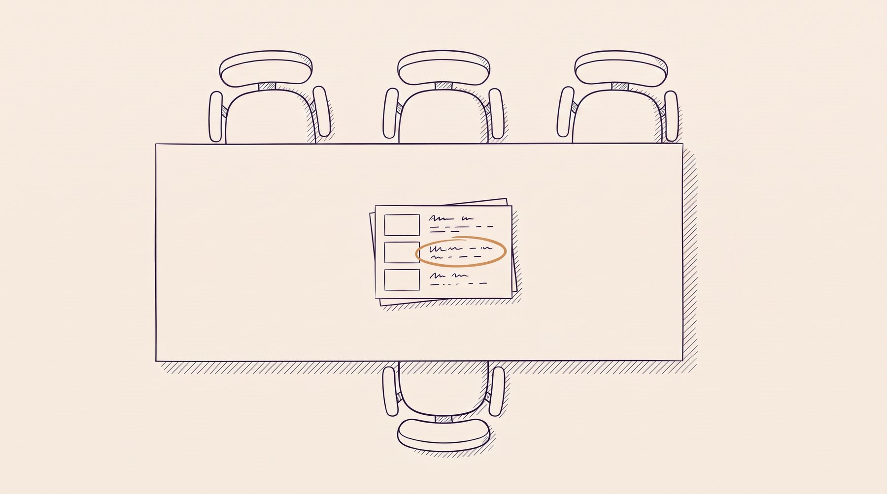 An ink-outline meeting table seen from above with three chairs on one side and
an empty chair opposite; a printed deck lies in the middle, one line ringed in ochre