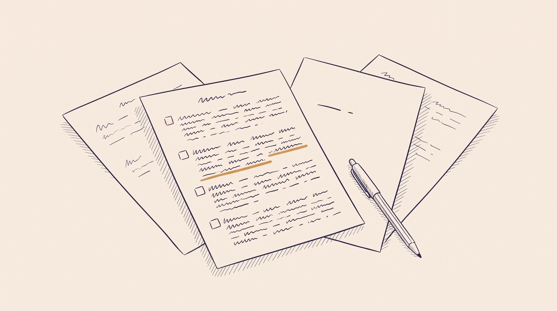 Four ink-outline sheets of paper spread over a table, the first one clean and the
second dense with clauses; one line on it is underscored in ochre, beside a pen