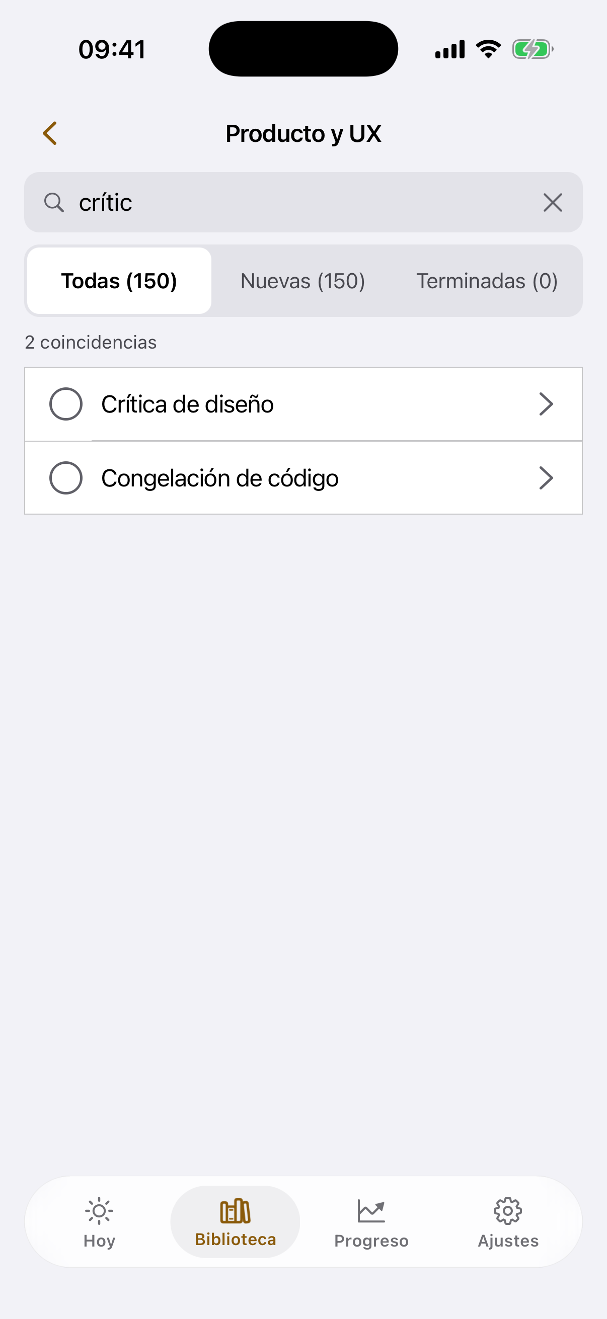 El buscador dentro de un tema con dos tarjetas encontradas