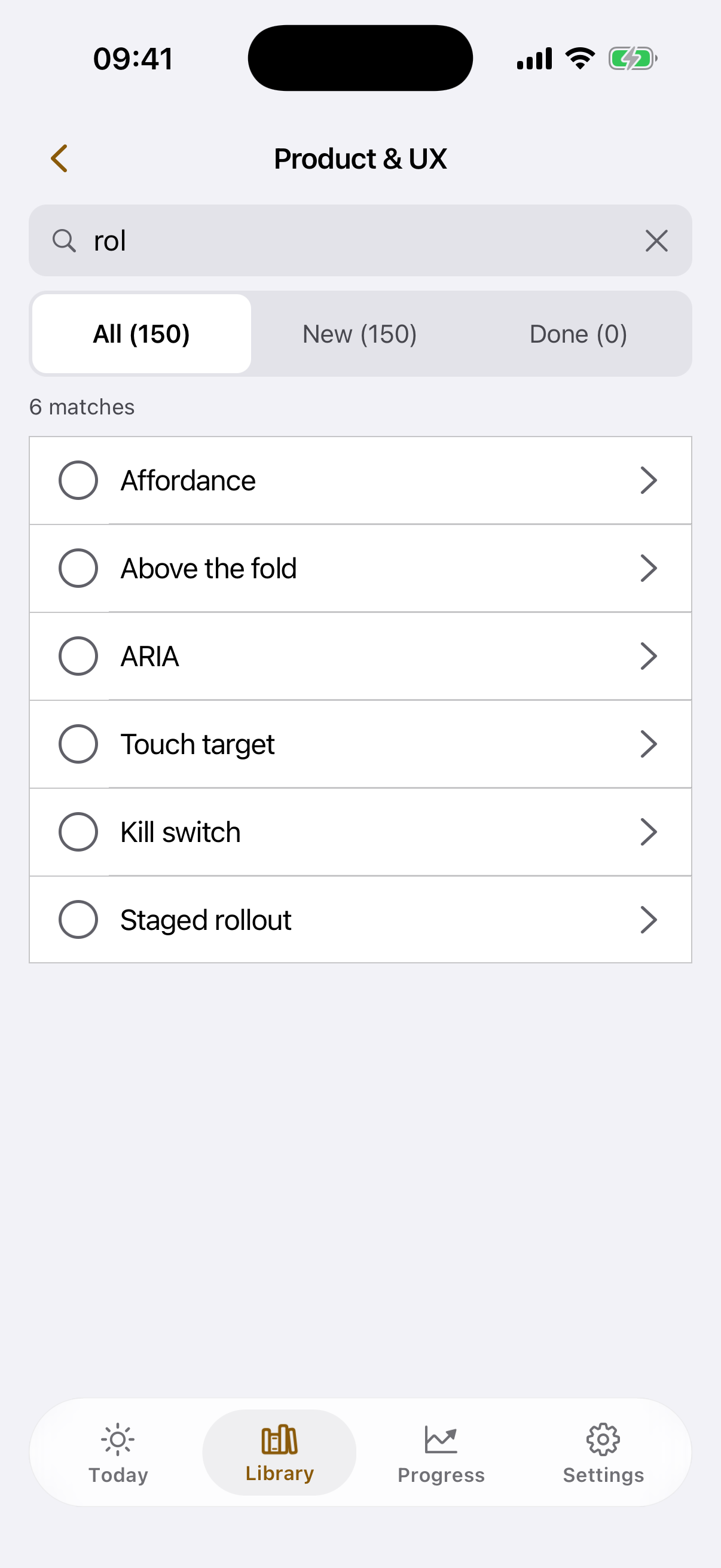 Search screen inside the deck with six cards found