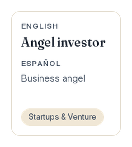 The front of a card: the term in English, its pair in Spanish, the topic “Startups & Venture”